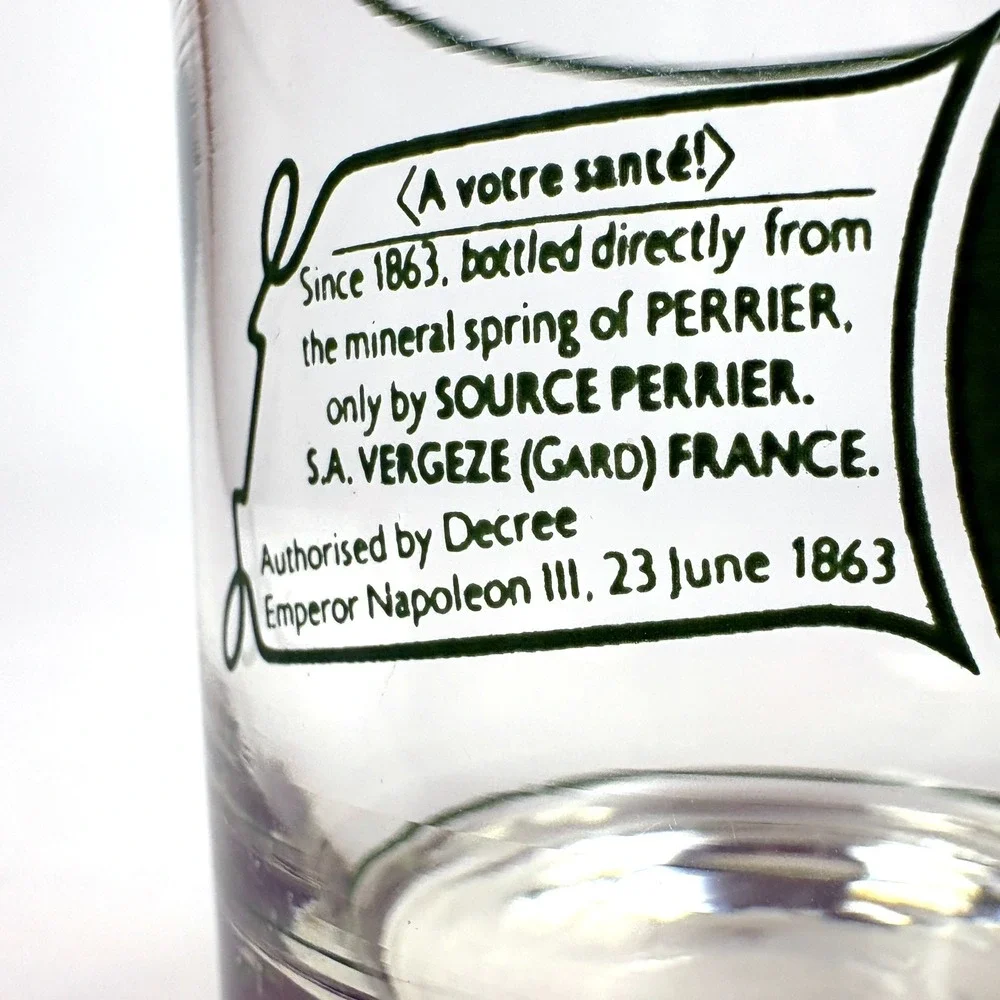 VTG 80s Perrier Tumbler Glass Sparkling Mineral Water C'est Fou Retro Advertisng